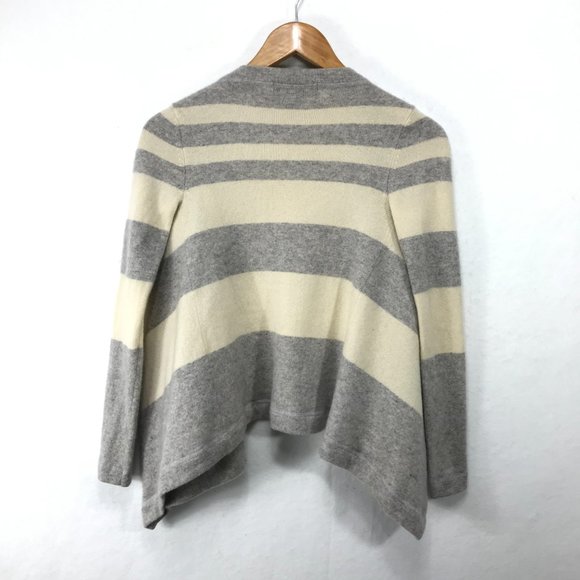 Ply 100% Cashmere Open Cardigan XS Gray Off White Open Striped Sweater Waterfall - Picture 3 of 9